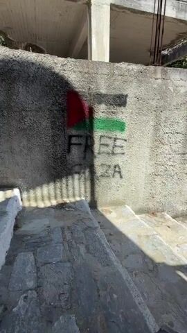 A video shows graffiti on a concrete wall. The graffiti includes the Palestinian flag colors (black, white, green, and red) painted in horizontal stripes and a red triangle on the left. Below the flag, the word "FREE" is spray-painted in black capital letters. Beneath "FREE", the word "GAZA" is also spray-painted in black capital letters. A shadow of what appears to be a pole or a railing falls across the graffiti, creating a striped pattern on the wall. The wall itself has a rough, textured surface. In the foreground, there are stone steps and what looks like part of a stone structure. The lighting suggests an outdoor environment, possibly during the daytime.