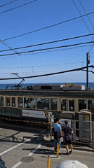 Morning tram crosses street in coastal Kamakura, Japan