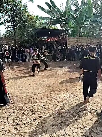 The video shows an outdoor performance with a crowd of people gathered around a dirt area. Several performers dressed in traditional clothing engage in a dynamic display, possibly a dance or martial art form. Some performers use props, such as whips and feathered fans, to enhance their movements. There is a covered stage or area in the background, also surrounded by people. The environment includes trees, banana plants, and a fence, suggesting a rural or semi-rural setting. The atmosphere seems lively and festive, indicating a community event or cultural celebration.