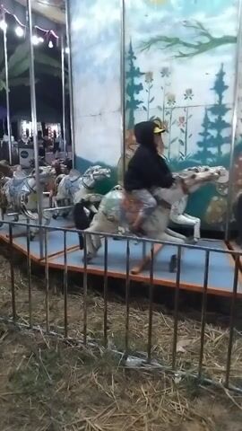 A child rides a carousel horse. The carousel features painted backdrops depicting trees and cartoon characters, including SpongeBob SquarePants and Patrick Star. The carousel is enclosed by a metal fence, and dry grass and dirt are visible on the ground. String lights are visible in the background, suggesting the scene takes place at night or in a dimly lit area.