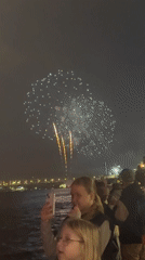 Woman Records Fireworks Display Over Water With Young Girl Present