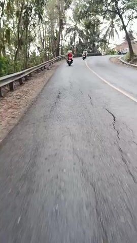 A first-person perspective video shows a paved road winding through a lush, green environment with tall trees and palm trees lining the sides. A metal guardrail runs along the left side of the road. Two individuals on motorcycles are visible ahead, both riding in the same direction. The road appears to be wet and has visible cracks. In the background, a building with a green roof and purple accents can be seen. The sky is overcast.