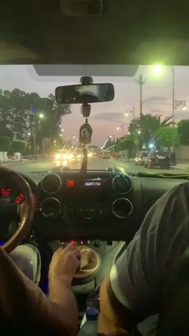 The video captures the interior view from a vehicle driving at dusk on a tree-lined street. The camera is positioned behind the driver's side, showing the steering wheel, dashboard with illuminated controls, and gear shift. The driver's hands are visible operating the gear shift. On the passenger side, a person's arm and shoulder are visible. The road ahead is filled with traffic, with headlights and taillights creating streaks of light. Streetlights illuminate the sides of the road, and palm trees and other foliage are visible. The sky displays a gradient of twilight colors.