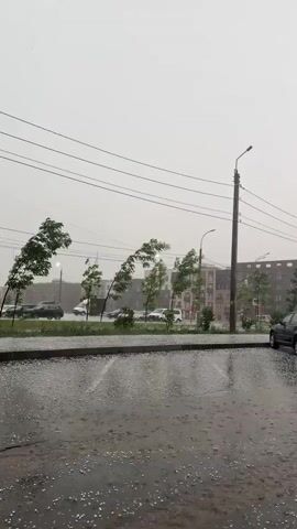 The video shows an urban scene during a hailstorm. The ground is covered in hail, and there are several cars parked along the side of the road. Trees sway violently in the wind. In the background, a row of multi-story buildings can be seen. The sky is overcast, and visibility is limited. A couple of cars move along the street in the distance.