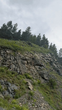Rocky hillside with prohibition sign filmed in Abaza, Russia