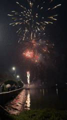 Fireworks over the waterfront in Otchor on a June night