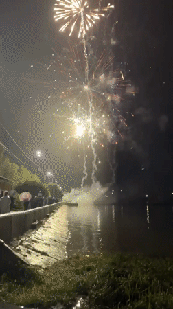 Fireworks over the waterfront in Otchor on a June night