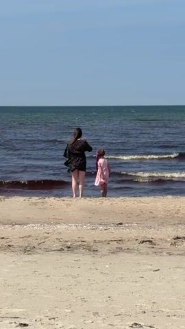 Two people, a woman and a child, stand facing a body of water. The woman is on the left, wearing a dark patterned dress and shorts. The child is on the right, wearing a pink dress and a purple headband. They are standing on a sandy beach with small shells scattered on it. The water is dark blue and choppy with visible waves. The sky is clear and blue. The woman is holding her hand up to her head, appearing to adjust her hair or shield her eyes. The child is looking out at the water. The scene is filmed from a stationary position behind the two individuals, emphasizing their connection to the vastness of the sea.