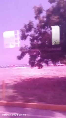 This media file shows a scenic view of a beachside area with several buildings and palm trees. The scene is viewed from a moving vehicle, as indicated by the motion blur. The sky is a vibrant purple, suggesting either a filter has been applied or it's dusk or dawn. The beach is sandy with numerous beach umbrellas set up, indicating it's a popular spot.

Notable objects include several multi-story buildings, some with reflective surfaces that show their own distorted reflections. There's also a small, colorful building with a red roof, featuring horizontal stripes of blue and pink. A lone palm tree is prominent in the foreground, with lush green foliage. The overall setting appears to be a coastal town or resort.

The activity captured is passive observation of the environment from a moving perspective. There are no clear indications of specific events or people actively engaged in activities, though the presence of beach umbrellas suggests leisure.

The time of day is ambiguous due to the unusual sky coloration. The weather appears clear and bright. Location cues are present in the form of tropical vegetation (palm trees) and beach infrastructure. The overall mood is tranquil and picturesque, enhanced by the unusual color palette.

Visible text at the bottom of the screen reads "Infinix HOT 50Pro", which is likely the model of the phone used to record the video.