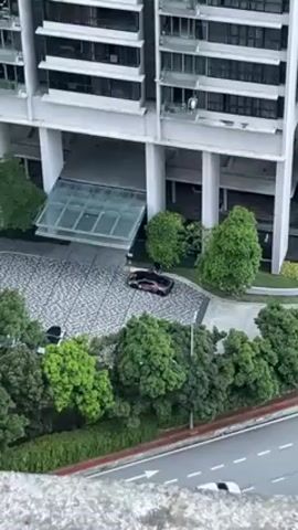 From an elevated perspective, the video shows the entrance to a multi-story building with a glass awning over the doorway. The building has a white exterior and multiple floors with windows. A black vehicle is parked in front of the building entrance. Green trees and bushes surround the entrance area, providing a natural contrast to the building's structure. A street with a white car driving on it runs along the bottom edge of the frame. The overall environment suggests an urban or suburban setting.