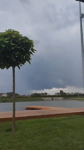 A video captures a serene outdoor scene, likely during the day with overcast skies suggesting impending rain. In the foreground, a perfectly round, leafy tree stands on a vibrant green lawn. Beyond the lawn, a wooden deck extends towards a calm body of water. A small wooden platform, equipped with a ladder, juts out into the water, hinting at a recreational area. In the distance, across the water, a treeline forms a natural border, with some structures and houses visible amongst the greenery, suggesting a suburban or semi-rural setting. The sky is dominated by dark, dramatic clouds, creating a somewhat somber yet picturesque atmosphere. There are no people visible in the frame, and no text is present. The location is identified as Romanivka, Ukraine. The overall mood is peaceful and contemplative, perhaps tinged with the anticipation of a storm.