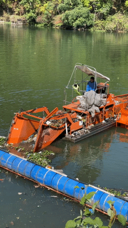 Mechanical boat cleans trash from Phewa Lake, Pokhara