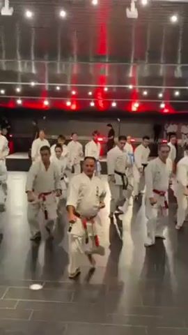 A group of people is performing karate in a large room. They are all wearing white karate uniforms with different colored belts, mainly black and red. The group is arranged in rows and is performing punching and kicking motions in unison. An instructor appears to be leading the group from the front, giving verbal cues. The room has a modern design, with a dark floor and a ceiling with bright, round lights. The background features a wall with a textured surface and red lighting. There are other people observing the training in the background, some standing on a raised platform.