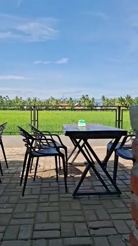 The video shows an outdoor seating area with black tables and chairs on a paved patio. In the background, there is a vibrant green rice paddy field bordered by a fence and palm trees. The sky above is a clear blue with scattered white clouds. The camera pans slightly to the left and right, offering a panoramic view of the serene landscape. There are no people visible in the video.