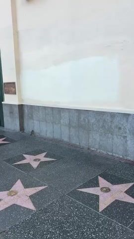 The video begins by showing a portion of the Hollywood Walk of Fame, with several stars visible on the sidewalk. The camera then pans up to show the exterior of a building. The building has a sign that reads "MUSSO & FRANK OLDEST RESTAURANT IN HOLLYWOOD SINCE 1919". Below the sign, there is a plaque commemorating the restaurant's 100th anniversary. The wall of the building appears to have some discoloration, possibly from a repair or cleaning. The overall scene suggests a historical and iconic location.