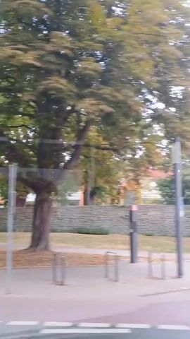 The video shows a street scene from a moving vehicle, likely a bus or car. The footage pans across buildings and trees under a cloudy sky. The first building is a light-colored, multi-story structure with a red tiled roof, possibly an apartment building or commercial space. A traffic light is visible, showing a red signal. The street is paved, with a crosswalk marked. The next building is a white house with a red-roofed annex. Further down, a small kiosk-like structure with a red awning is seen. The final building is a pale peach-colored multi-story building with gray accents and roller shutters on the windows. A bicycle lane is visible on the road. No people are clearly identifiable, and no specific actions are discernible beyond the general movement of the vehicle and the setting.