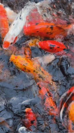 Colorful koi fish congregate in pond surface in Kuta Selatan