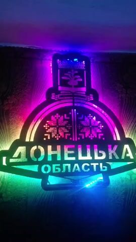 A close-up, vertical shot shows a brightly lit sign mounted on a textured wall. The sign, illuminated by shifting colored LED lights, features a black silhouette design. The top portion of the silhouette resembles a crown or ornate headdress with a floral motif. Below this, a semicircular element contains a stylized snowflake or geometric pattern. The words "ДОНЕЦЬКА" and "ОБЛАСТЬ" are prominently displayed in Ukrainian, with the former appearing larger and more central. The LED lighting cycles through vibrant hues of blue, purple, pink, green, and yellow, casting colorful reflections on the wall behind the sign. The wall itself appears to have a textured wallpaper or paint finish. The overall impression is of a decorative, illuminated emblem.