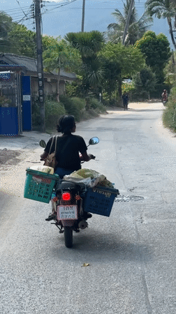 Motorcyclist travels narrow road in Baan Lamai, Thailand