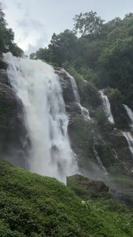 The video shows a wide shot of a multi-tiered waterfall cascading down a rocky, overgrown cliff face. Lush green vegetation, including grass and bushes, covers the foreground and creeps up the sides of the rocks. The water is a frothy white, creating mist as it plunges downward. Trees and foliage form a dense green canopy at the top of the cliff and on the surrounding hillsides. The sky is overcast and hazy. The camera is positioned to capture the full height of the waterfall and its surrounding natural environment. No people or man-made objects are visible in the scene. The sound consists of the roaring of the waterfall.