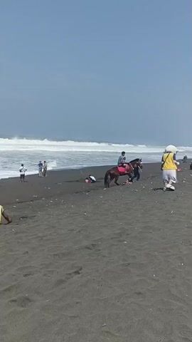 A sandy beach is filled with people. The ocean has small waves. A person on horseback is near the water. A person in a mascot costume walks on the sand. Other people are sitting or standing around.