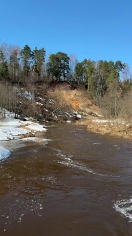 The camera is static, showing a river flowing from right to left. The river is brown and churning, with white foam visible on the surface. On the left side of the frame, a bank is covered in patches of snow, leading to a rise covered in trees. On the right side, the river bank is grassy, leading to a steeper hill covered with trees. The sky is clear and blue. The lighting suggests a sunny day.