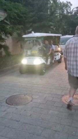 A group of people are walking along a paved path. There are two white golf carts, one in the foreground and another further down the path. The golf cart in the foreground is on the left side of the screen, and the second golf cart is on the right side of the screen. Several people are visible in the golf carts, including drivers and passengers. The golf cart on the right has its headlights on. The path is lined with trees and bushes. A person in a plaid shirt is walking away from the camera on the right side of the path.