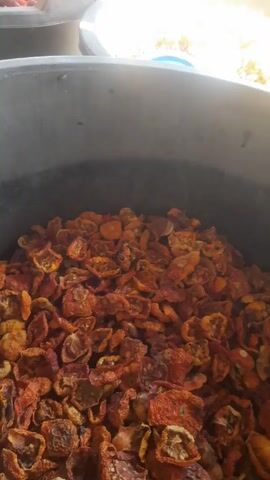 The video shows three large, gray tubs filled with food. The first tub contains dried tomatoes. The second tub contains small, dried noodles with a blue cup and a silver metal cup. The third tub appears to contain dried peppers. The tubs are outdoors in a sunny area. The environment includes trees, sand, and buildings.