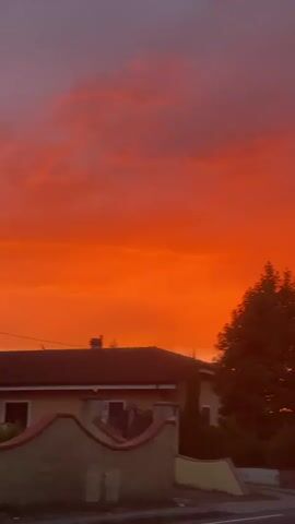 The video captures a vibrant sunset over a rural Italian landscape. The sky is a dramatic canvas of fiery oranges and reds, with some darker clouds adding depth. In the foreground, we see the roofline of a building with a chimney, and a decorative wall with curved sections. A large, leafy tree dominates the right side of the frame, its silhouette stark against the colorful sky. Further into the scene, another building with arched windows is visible, surrounded by greenery. The road in front of the buildings shows the reflections of the sunset. Two cars are driving on the road, their headlights illuminated. The overall impression is one of a serene and picturesque evening. The time of day is clearly sunset, evidenced by the intense coloration of the sky. The location cues, such as the architecture and the surrounding vegetation, suggest a setting in Italy, specifically Castelfranco di Sotto. The mood conveyed is peaceful and awe-inspiring, highlighting the natural beauty of the sunset. No text is visible in the media file.