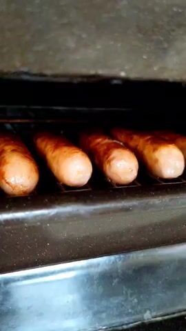 The video shows a close-up, side-view of five sausages cooking on a metal rack inside what appears to be an oven or grill. The sausages are elongated and plump, with a light brown, slightly translucent skin. They are arranged in a single row, evenly spaced. Some of the sausages show a slight sheen, suggesting they are releasing fat as they cook. The background is dark and indistinct, with the rough texture of the oven's interior visible at the top. The lighting is focused on the sausages, highlighting their cooking process. The camera angle is low, looking up at the sausages from below the rack.