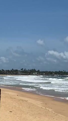 A long shot captures a wide view of a sandy beach and the ocean under a partly cloudy blue sky. The sand in the foreground is light brown. Gentle waves with white foam roll in from the ocean, creating a textured surface on the water. In the distance, a line of palm trees and some buildings are visible along the coastline, suggesting a tropical or subtropical location. The sky is a clear blue with scattered white clouds. The overall impression is a serene and natural beach scene.