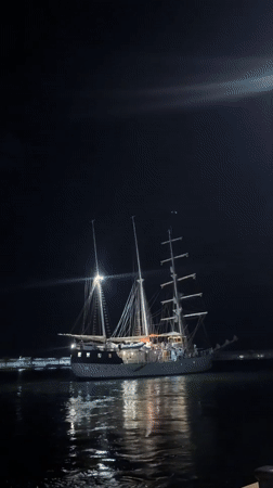 Illuminated tall ship and sailboats docked at Valencia's marina at night