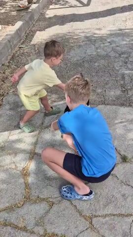 Two young boys are interacting with a black and white cat outdoors on a paved area. The boy in the foreground is wearing a blue t-shirt and dark shorts, and is crouching down. The boy in the background is wearing a light yellow t-shirt and yellow shorts. The cat is initially standing and then appears to be interacting with the younger boy's hand. The ground is made of large, irregular stone slabs with cracks between them. There is vegetation and fencing visible in the background, and shadows cast from sunlight.