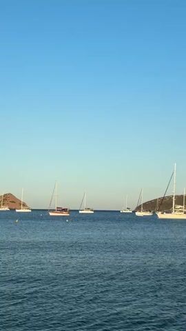 The video shows a wide shot of a bay with several sailboats anchored. The water is blue and slightly choppy. The sky is clear and a light blue. In the background, there are hills covered in vegetation. The boats are all white with tall masts. The scene appears calm and peaceful.