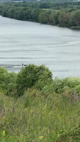 A jet ski with one rider moves across a wide river. The river is bordered by a dense line of trees on the far bank. In the foreground, tall green grass and some wildflowers grow on a slope. The sky is overcast.