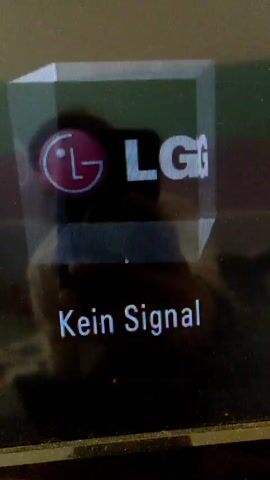 A close-up shot shows an LG television screen displaying the logo and "Kein Signal," indicating no signal is being received. The person recording is reflected in the screen. The TV is sitting on a yellow surface. The camera zooms in and out.