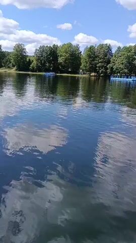 The video shows a tranquil lake on a sunny day. The water is calm and reflects the blue sky with scattered white clouds. A line of trees borders the far side of the lake, and in the distance, there appear to be some small structures or docks along the shore. The camera seems to be moving slowly, giving a sense of gentle progress across the water. There are no visible people or distinct actions taking place in the foreground.