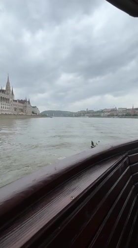 Tourist boat captures Parliament Building views along Budapest's Danube River
