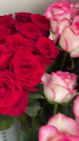 A close-up video shows a large bouquet of pink and white roses. The camera is tilted slightly and moves, blurring the background and making it difficult to discern details. The roses are the primary focus, with their petals appearing soft and velvety. Some of the roses are a pale pink, while others are a deeper fuchsia around the edges of their petals. There are also a few deep red roses visible in the upper left corner of the frame, providing a contrasting color. The video is very short and shows no people or interactions.