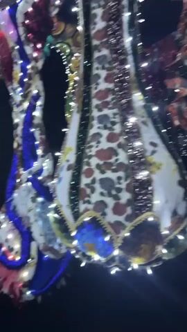 The video shows a blurry, dark environment filled with colorful, textured objects adorned with numerous small, bright white lights. The objects appear to be sculptures or decorative installations, with intricate patterns and layered elements. Some sections resemble fabric or woven materials, with floral and animal print motifs. The lighting creates a sparkling effect, with streaks of light suggesting movement. The overall impression is of a festive or theatrical display, possibly an art installation or a decorated space. There are no people visible in the video.