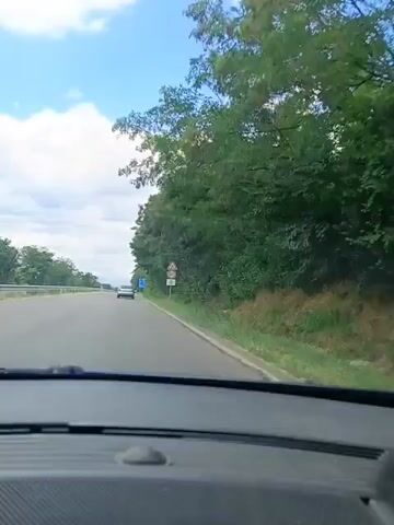 The video captures a first-person view from inside a vehicle driving on a road. The road is paved and appears to be a highway with multiple lanes. Trees line the right side of the road, forming a dense green barrier. The sky above is blue with scattered white clouds. On the right side of the road, there is a roadside sign with several symbols. The closest sign indicates a speed limit of 60, with a snowflake symbol below it, suggesting a speed limit in winter conditions. Another sign above it shows a warning symbol with wavy lines, possibly indicating slippery conditions or a winding road. A white car is visible ahead on the road, and a black SUV is in the left lane, further ahead. The dashboard of the vehicle is visible in the foreground, indicating the perspective from the driver's seat. The overall scene depicts a daytime drive on a scenic road with clear weather.